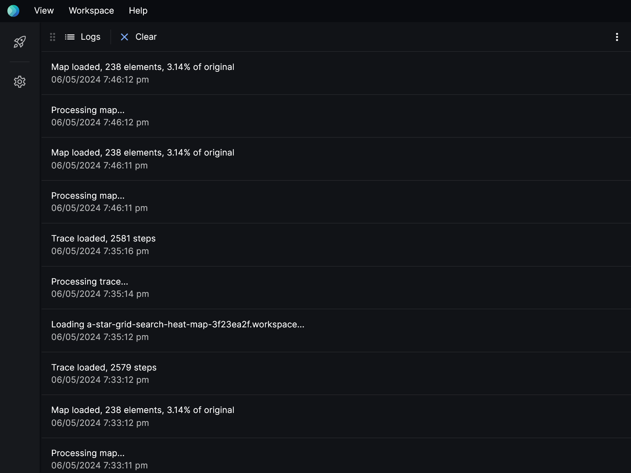 Screenshot of logs view